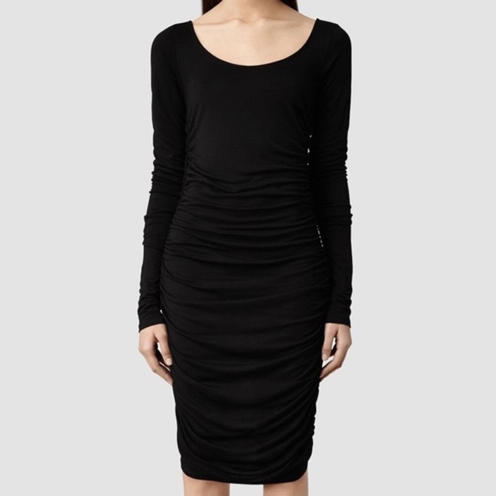 AllSaints Milla Black Ruched Jersey Long Sleeve Scoop Neck Bodycon Dress Size 4